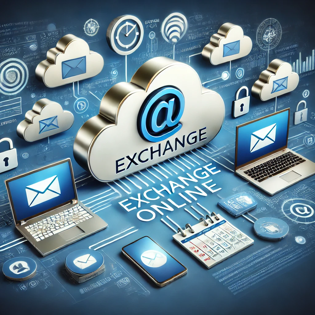 Exchange Online: Cloud-basierte E-Mail-Lösung mit sicherem Zugriff von verschiedenen Geräten wie Smartphones und Laptops, dargestellt durch Cloud- und E-Mail-Symbole sowie Sicherheitselemente.